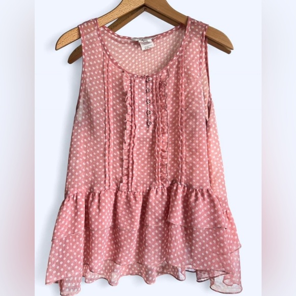 Costa Blanca Womens Pink White Polka Dot Ruffle Hem Button Up Blouse Medium - Picture 1 of 7